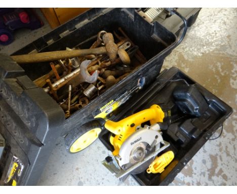 A cased DeWalt circular saw together with a trolley box of various hand tools E/T
