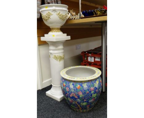 A large ceramic & decorated jardiniere together with a large brightly coloured Chinese ceramic planter (damaged)