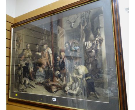 Large Victorian framed print - gamekeeper's & their spoils