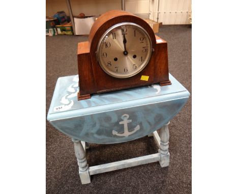 A vintage oak mantel clock together with a painted oak drop leaf side table