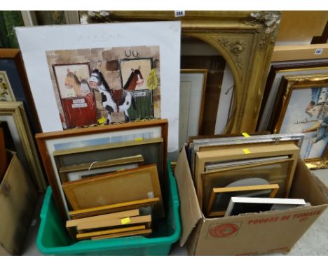 Two boxes of mainly framed prints, two gilt gesso frames, unframed ALEX CLARK comedy horse print etc
