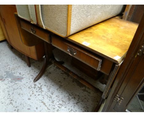 A reproduction walnut two-drawer drop end sofa table