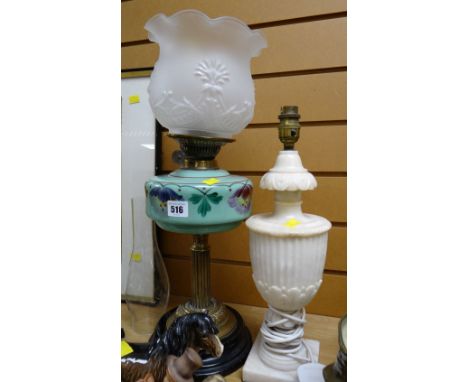 A good brass column & painted glass reservoir oil lamp together with a marble table lamp base