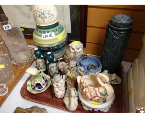 Tray of mixed china including large Rumney pottery vase, Nao owl etc