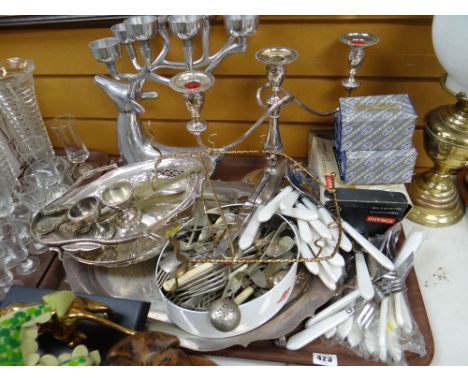 Tray of loose flatware, large EPNS two-handled tray, EPNS baskets & a brass paraffin lamp etc
