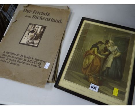Framed print 'Cries of London' together with a portfolio of twenty Dickensland Van Dyck Gravures drawings