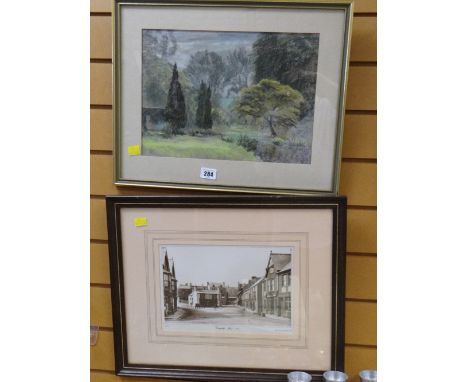 A framed pastel of a countryside scene, signed P WEBB dated '84, together with a framed print of Caerphilly town