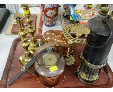 A miners lamp, copper kettle & pan, brass candlesticks etc
