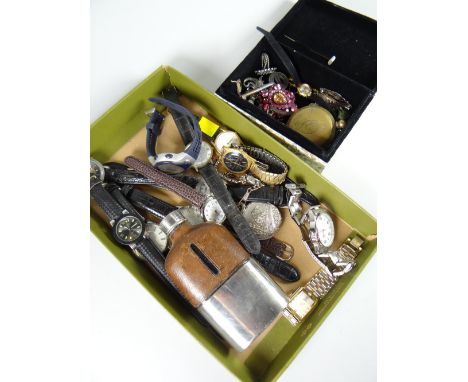 Parcel of gents wristwatches, leather & EPNS hip flask, decorative box containing costume jewellery