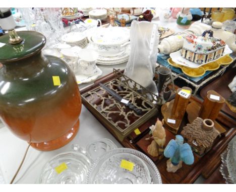 Wooden tray, bookends, small brass book stand, weighing scales, table lamp etc