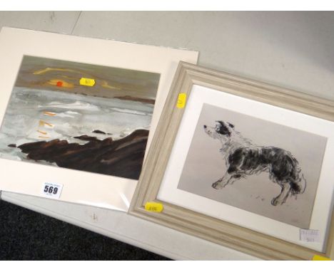 SIR KYFFIN WILLIAMS RA framed print of a sheep dog together with another framed print of a coastal sunset