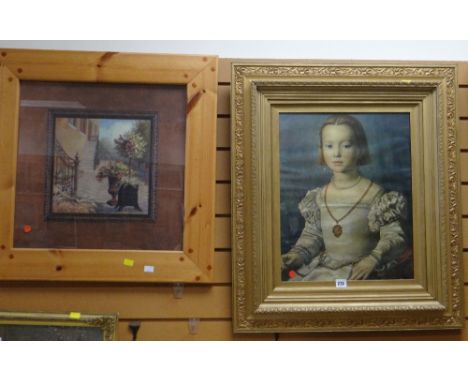 Gilt framed print of a seated young girl in Victorian dress together with a framed print of a courtyard