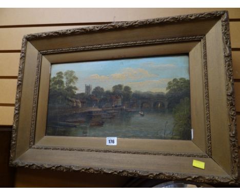 A framed oil on canvas of a riverside scene, signed R ALLAM