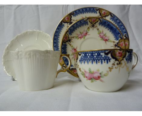 Two English porcelain tea services, one printed in blue with oil de perdrix banding and hand finished with pink rose garlands