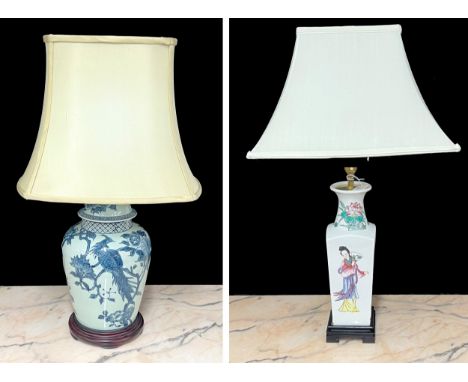 Modern Chinese blue and white table lamp with shade, in the form of a temple jar, 26.25" high overall; with another Chinese p