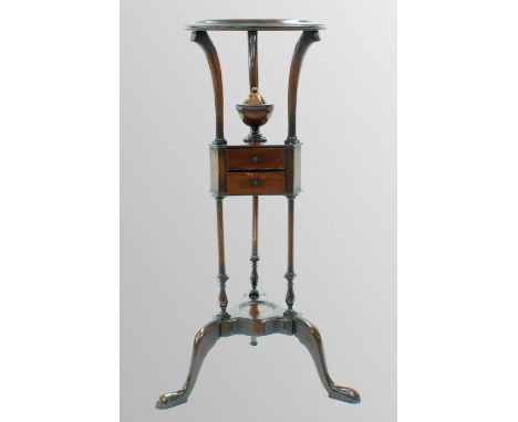 Georgian style mahogany tripod basin washstand inset with two small drawers, 31.5" high, 12" diameter