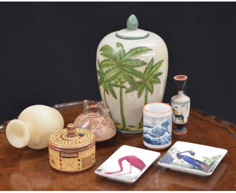 Decorative crackle glaze jar with cover decorated with palm trees, 12" high; together with two small 'Magpie' trinket trays d