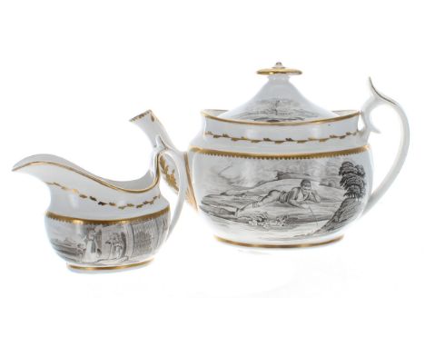 Spode early 19th century bat printed porcelain teapot and cream jug; together with similar pattern Spode sucrier with cover (