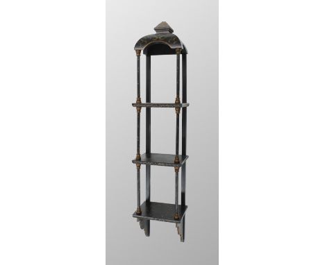 Decorative chinoiserie ebonised and gilded open wall shelf, decorated with foliate scrolls of narrow proportion with a pagoda