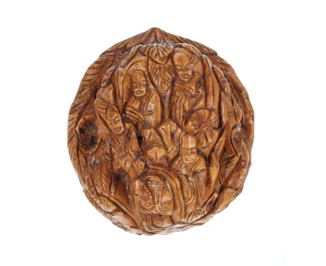 Chinese carved walnut, profusely decorated with figures, 1.5"