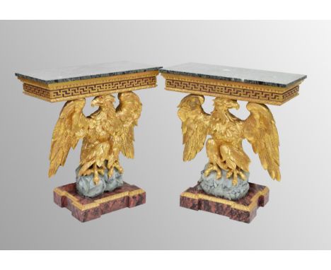 Pair of impressive giltwood console tables in the George II style after a design by William Kent,&nbsp;the rectangular verde 