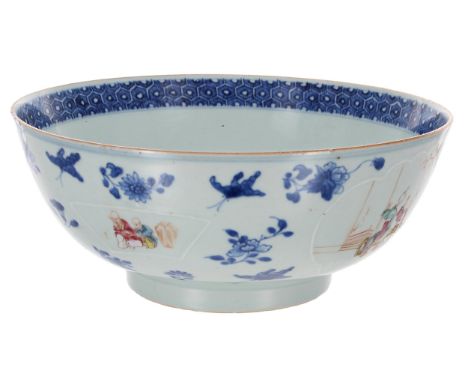 Chinese circular footed porcelain bowl, with underglaze blue floral decoration and inner rim diaper band, enamelled with cart