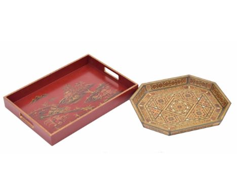 Japanese red lacquered chinoiserie gallery tray depicting figures in landscapes, 20" wide; together with a decorative parquet