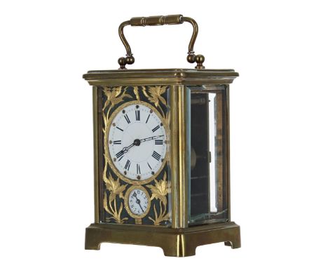 French brass alarm carriage clock striking on a bell, the 2" diameter enamel dial within a foliate filigree mask and corniche