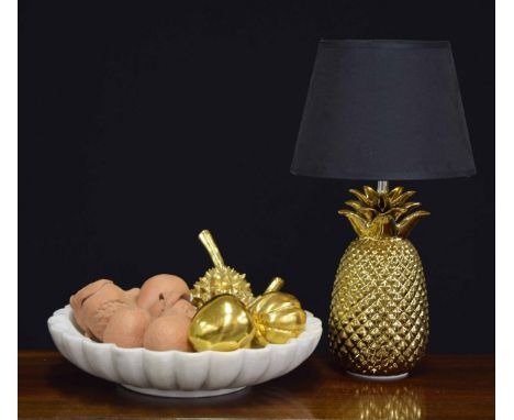 Selection of decorative clay fruits; together with a selection of gilt wooden fruits, within a heavy marble fluted bowl, 13" 