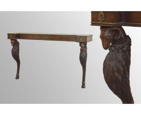 19th century mahogany and rosewood reverse breakfront console table, the frieze with applied classical gilt metal mounts upon