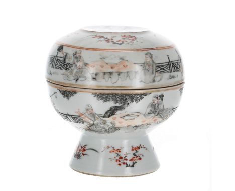 Chinese porcelain pedestal stem bowl and cover, decorated with with figures in fenced gardens,&nbsp;Qianlong, 4" diameter, 4.