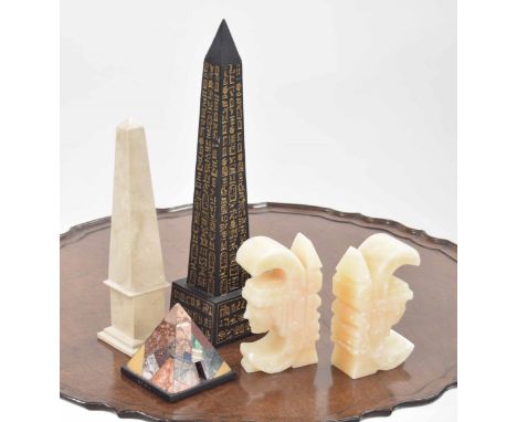 Souvenir stone obelisk with Egyptian hieroglyphic text, 16.5" high; together with another stone obelisk,&nbsp;souvenir specim