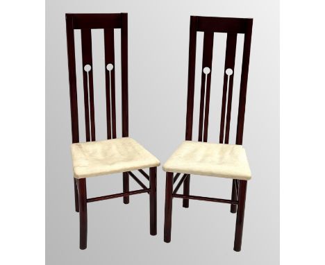 Pair of decorative modern lacquered high back chairs in the manner of Mackintosh, with stylised vertical pierced splats and l