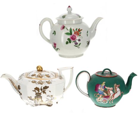 Late 18th century English porcelain teapot and cover, possibly Newhall, painted with flower sprays, 5.75" high (at fault); Sp