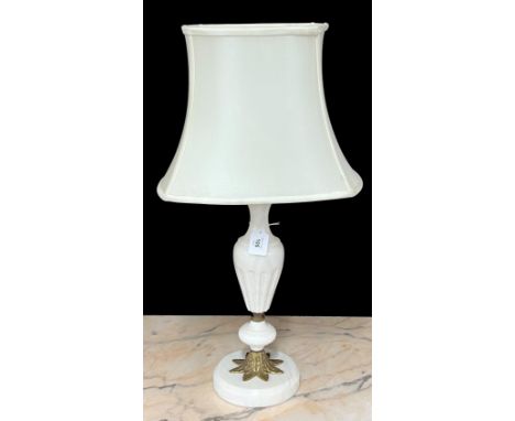 French marble baluster table lamp with brass leaf cast mounts, with shade, 19.5" high including fitting 