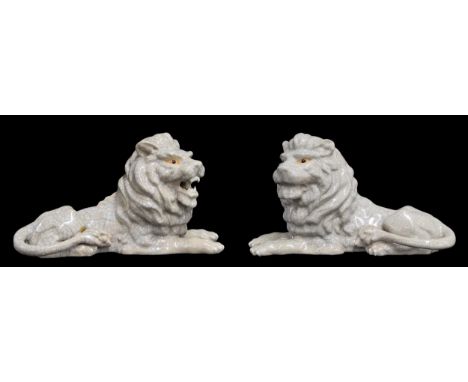 Large pair of Chinese crackle glaze pottery recumbent lion figures, 20th century, 17" wide, 10" high (2)
