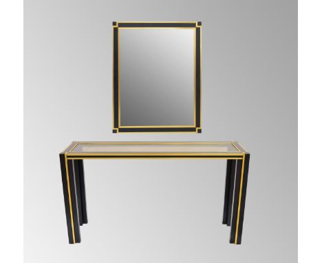 Good quality modern black metal and brass effect console table with matching mirror, the table of rectangular form inset with