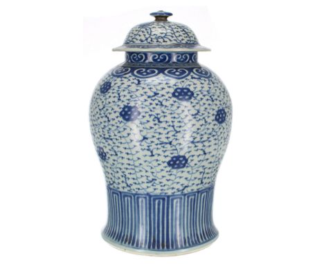 Chinese blue and white baluster porcelain vase and cover, with scroll and key designs, 19th century, 17" high