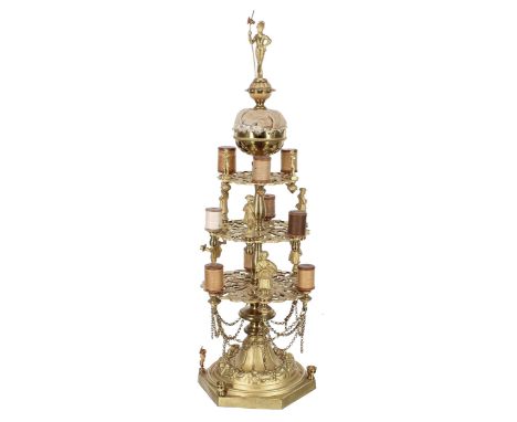 Victorian lacquered&nbsp;brass bobbin holder, raised in four stages with some original bobbins and the brass decorative chain