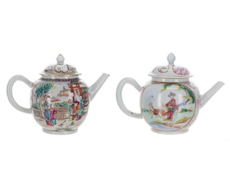 Chinese export famille rose porcelain teapot and cover,&nbsp;depicting scroll panels of figure upon a gilded scroll ground, Q