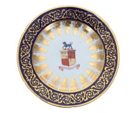 French 19th century porcelain armorial cabinet plate, with a painted shield crest with Latin motto 'Praemium Virtutis Honor''