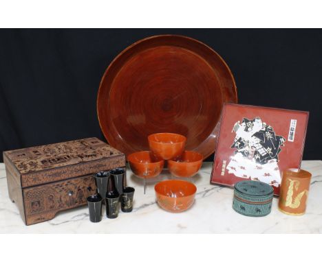 Selection of assorted Chinese, Japanese and other Asian souvenir lacquered bowls, cups, trays and pots etc to include a large