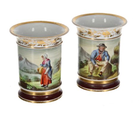 Pair of early 19th century English cylindrical porcelain vases, painted with figures and highland landscape views depicting a