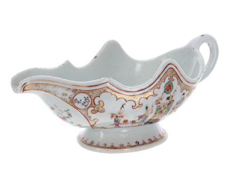 Chinese porcelain sauceboat of silver shape, painted in famille rose enamels depicting scroll cartouche panels of figures upo