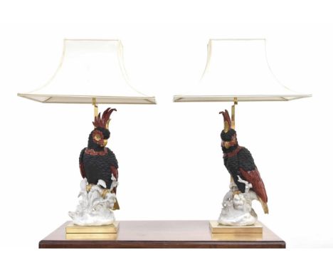 Good pair of Italian Societa Porcellane Aristiche Cockatoo table lamps, the bird figures mounted upon brass frames and plinth