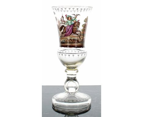 Bohemian 19th century hollow stem glass goblet,&nbsp;with a painted landscape scene with figures and buildings with turrets i