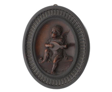 Valentino Panciera Besarel (1809-1922) - fine relief carved oval plaque depicting a cherub playing a lute, inscribed signed '