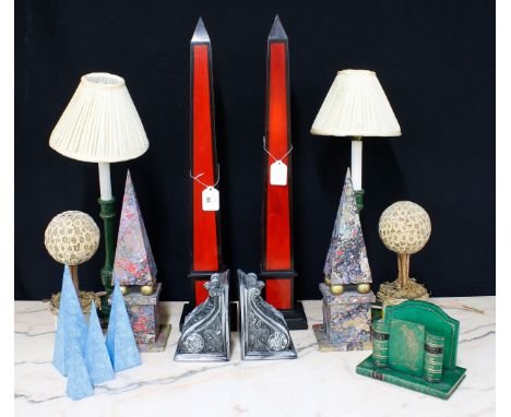 Selection of decorative accessories to include a&nbsp;pair of large red wooden obelisks,&nbsp;pair of decorative marbled card