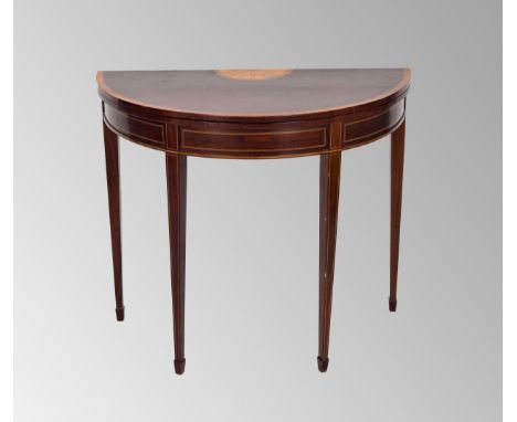 19th century oval mahogany inlaid fold-over demi-lune card table, the top with a half paterae and cross banded with satinwood
