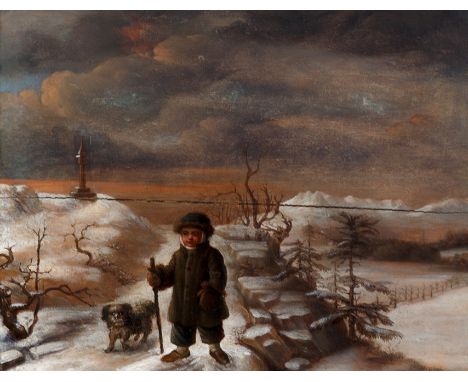 Österreichischer Maler des 19. Jh. Knabe mit seinem Hund in winterlicher Landschaft. Öl/Holz (Sprung). 17,5 x 22 cm. R
